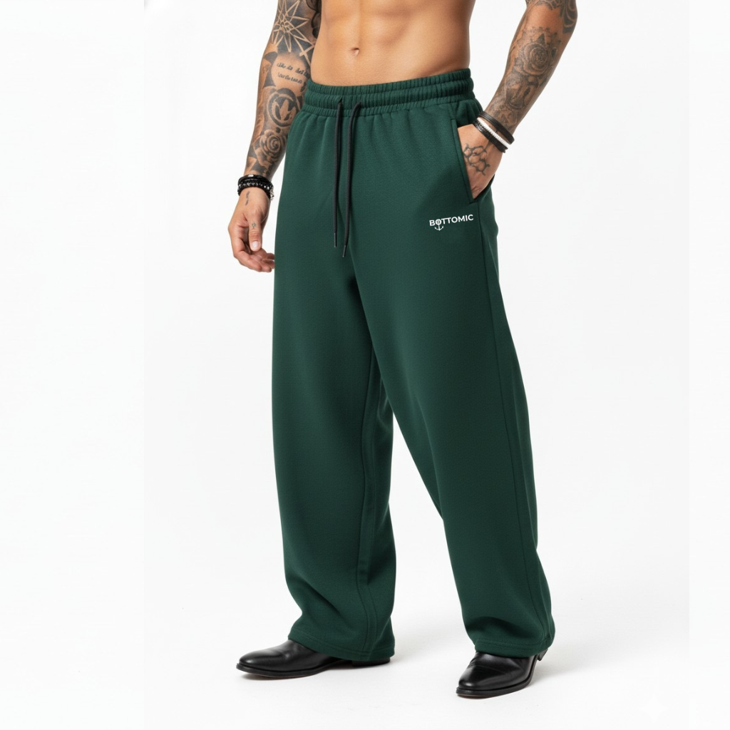 Royale Bottle Green Wide-Leg Cotton Sweatpants