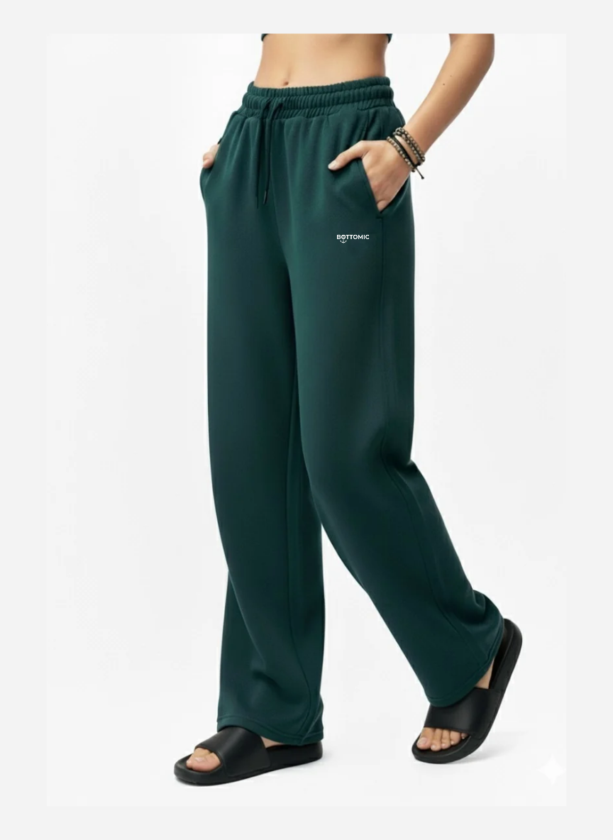 Royale Bottle Green Wide-Leg Cotton Sweatpants